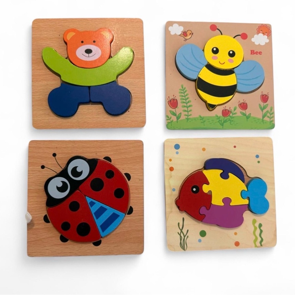 Wooden Puzzle Lot of 7 Animal Shapes w/ Drawstring Bag learning Montessori